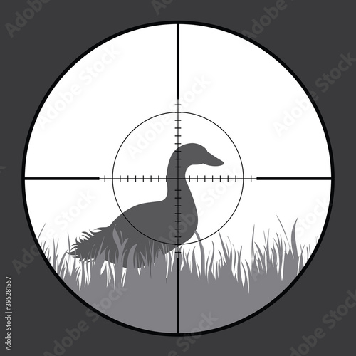 Vector silhouette of duck in rifle sight while hunting. The hunter watches his victim.