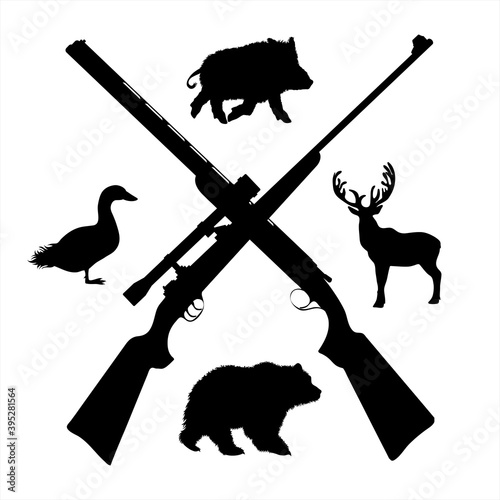 Vector silhouette of crossing guns like symbol of hunting of animals. Set of forest creatures.