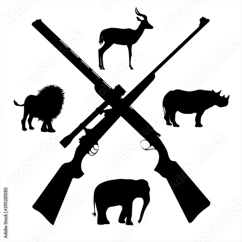 Vector silhouette of crossing guns like symbol of hunting of animals. Set of African creatures.