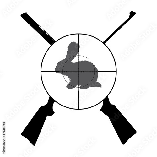 Vector silhouette of crossing guns like symbol of hunting. Hare in focus.