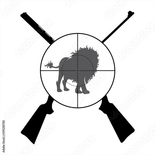 Vector silhouette of crossing guns like symbol of hunting. Lion in focus.