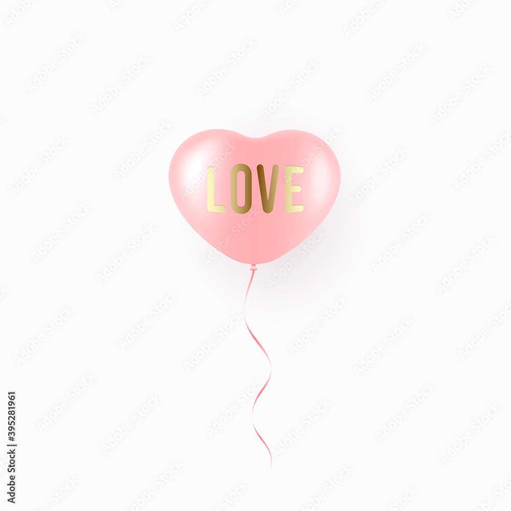 Flying red balloon in heart shape over white background