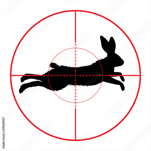 Vector silhouette of jumping hare in rifle sight while hunting. The forest creatures in focus.