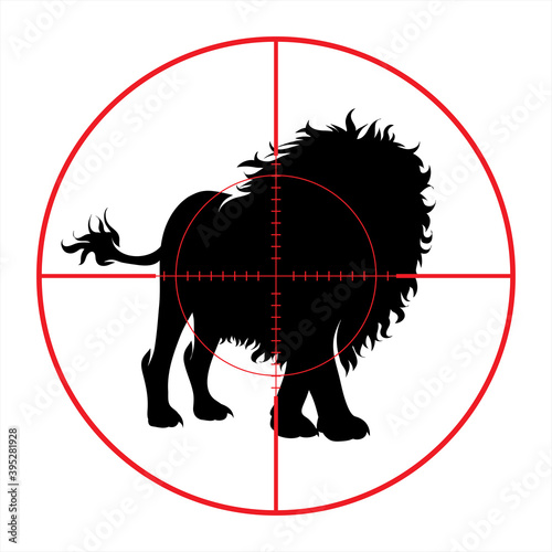 Vector silhouette of lion in rifle sight while hunting. The African creatures in focus.