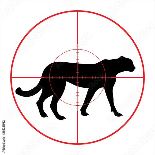 Vector silhouette of cheetah in rifle sight while hunting. The African creatures in focus.