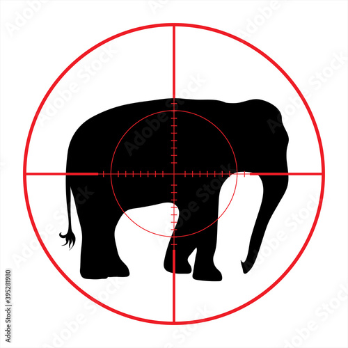 Vector silhouette of elephant in rifle sight while hunting. The African creatures in focus.