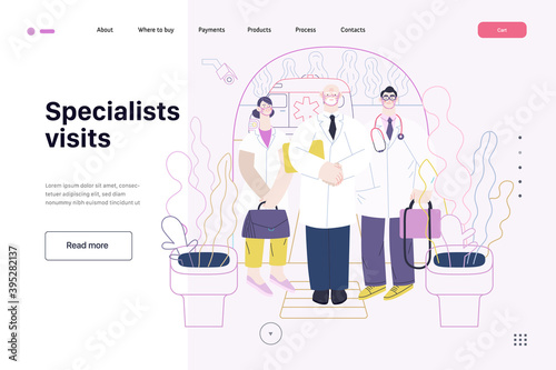Medical insurance -specialists visit -modern flat vector concept digital illustration - medical specialists standing at the private residence entrance door Home medical service, part of insurance plan