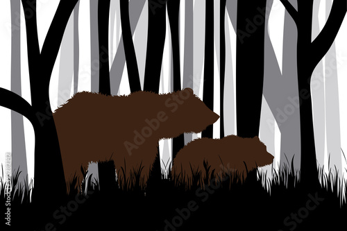 Vector silhouette of forest black and white with bear family. Symbol of animal and hunt.