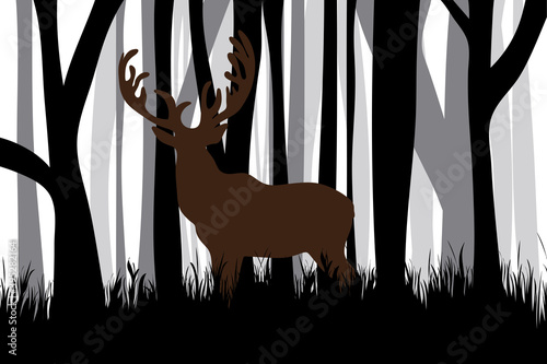 Vector silhouette of forest black and white with deer. Symbol of animal and hunt.