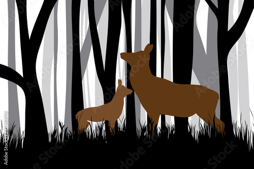 Vector silhouette of forest black and white with hind and baby. Symbol of animal and hunt.