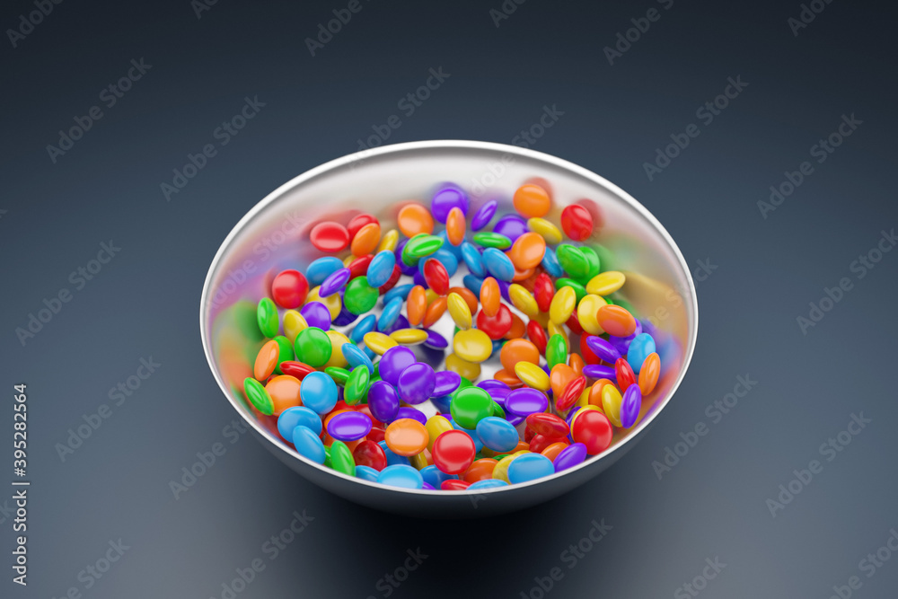 3d illustration of small glass plates with  colorful chewing gums on a gray background. A treat for the  kids.