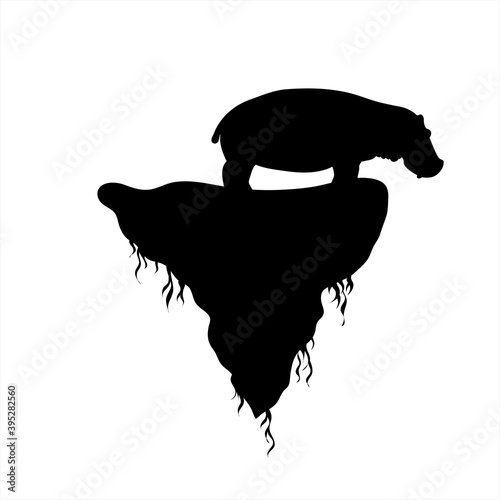 Vector silhouette of piece of land with hippopotamus on white background. Symbol of nature and planet.