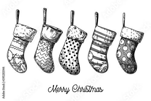Set of Christmas socks. Different socks isolated on white background. Sketch