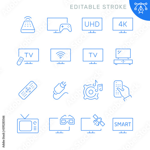 TV related icons. Editable stroke. Thin vector icon set