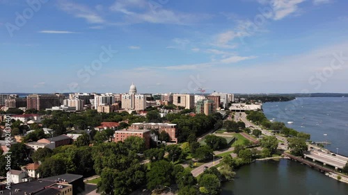 Downtown Madison, Wisconsin USA. Aerial View of Traffic by Lake Monona on Sunny Summer Day photo