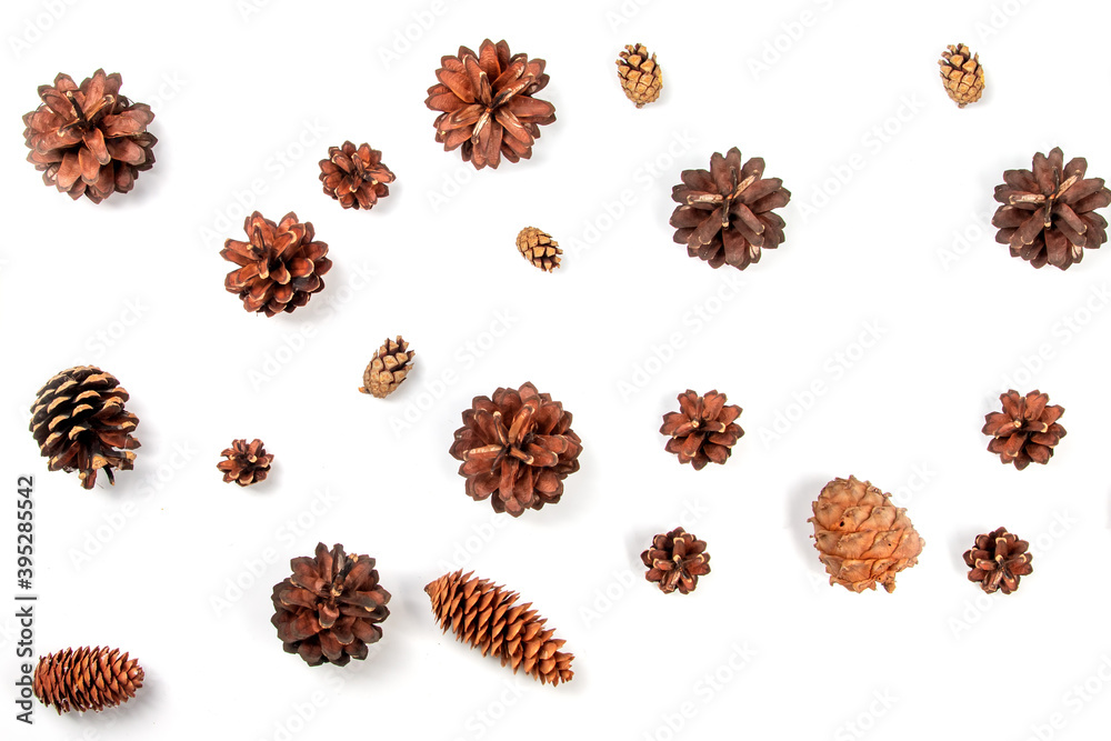 Christmas background, pine cones on a white background, flat lay Christmas background, pine cones on a white background, flat lay