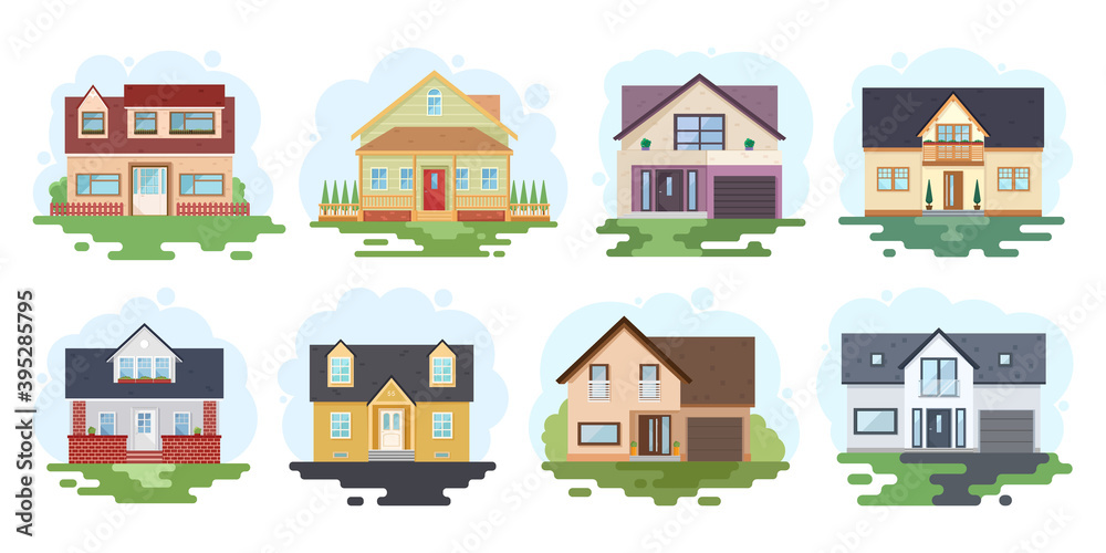 Set stylish house against the sky and other elements of the environment. House in a flat style. Vector Set stylish house against the sky and other elements of the environment. House in a flat style. Vector