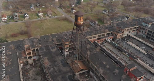 Aerial view of the dilapidated Packard Automotive Plant in Detroit, Michigan.This video was filmed in 4k for best image quality photo