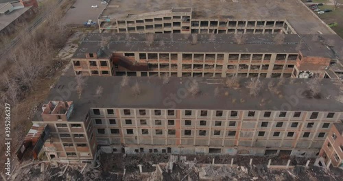 Aerial view of the dilapidated Packard Automotive Plant in Detroit, Michigan.This video was filmed in 4k for best image quality photo