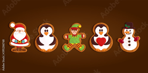 Christmas gingerbread cookies set collection, snowman, Santa Claus, penguin, elf, vector illustration