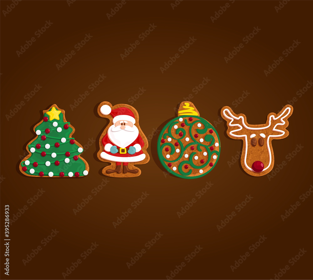 Naklejka premium Christmas gingerbread cookies set collection, tree, Santa Claus, reindeer, elf, ball, snowman, vector illustration