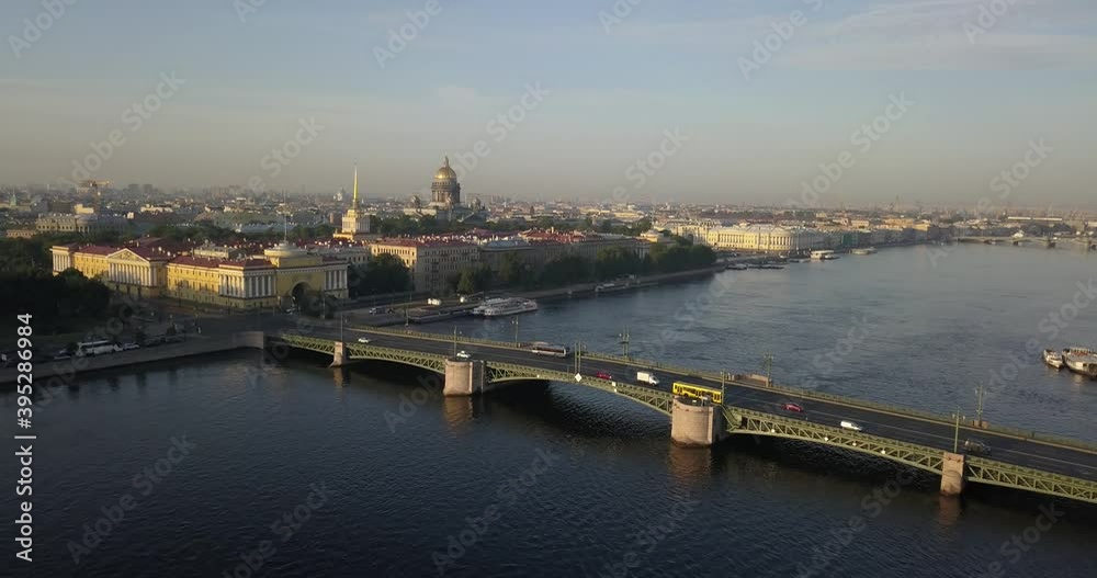 4K aerial sunrise morning video view of of St.-Petersburg's beautiful vintage architecture, Neva River panorama, Vasilyevsky Island spit near Finnish Bay and surroundings of Russia's northern capital