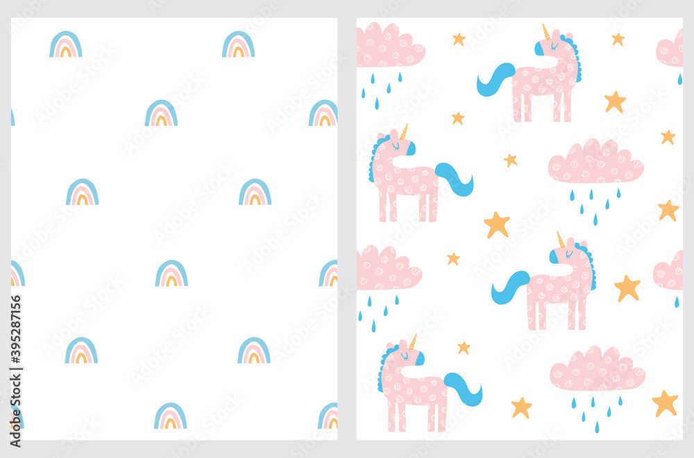 Magic Party Seamless Vector Patterns. Cute Rainbows, Pink Unicorns and PInk Fluffy Clouds Isolated on a White Background. Lovely Nursery Fabric. Magic Party Seamless Vector Patterns. Cute Rainbows, Pink Unicorns and PInk Fluffy Clouds Isolated on a White Background. Lovely Nursery Fabric.