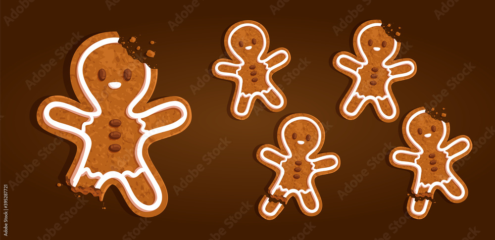 Gingerbread man character cookie set with a torn off leg, bitten head, regular on a brown background, vector illustration Gingerbread man character cookie set with a torn off leg, bitten head, regular on a brown background, vector illustration