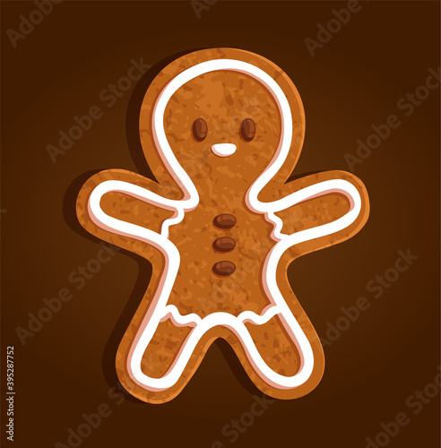 Gingerbread man character cookie on a brown background, vector illustration
