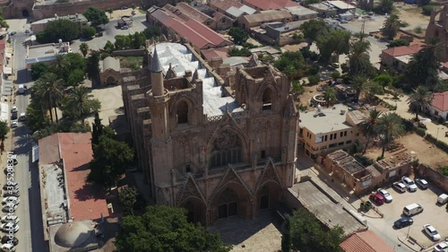 Aerial view of Lala Mustafa Pasha Mosque. It is an ancient Catholic shrine whose original name was St. Nicholas Cathedral. Northern Cyprus.Famagusta. 3. photo