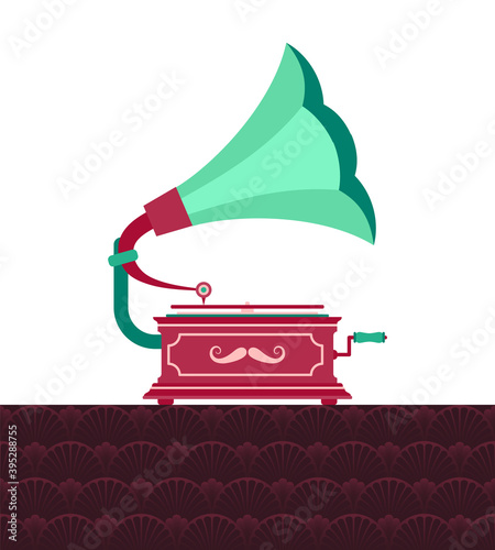 Retro style gramophone with decor of moustache. Vintage flat design isolated on white. Art deco seamless pattern, 1920-30s floral motifs. Vector illustration for cards, banners, web, textile, leaflets