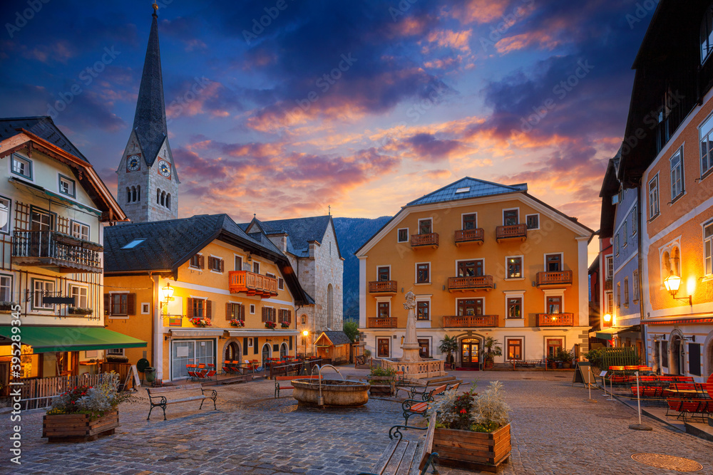 Hallstatt, Austria. Cityscape image of famous alpine village Hallstatt at autumn sunrise.