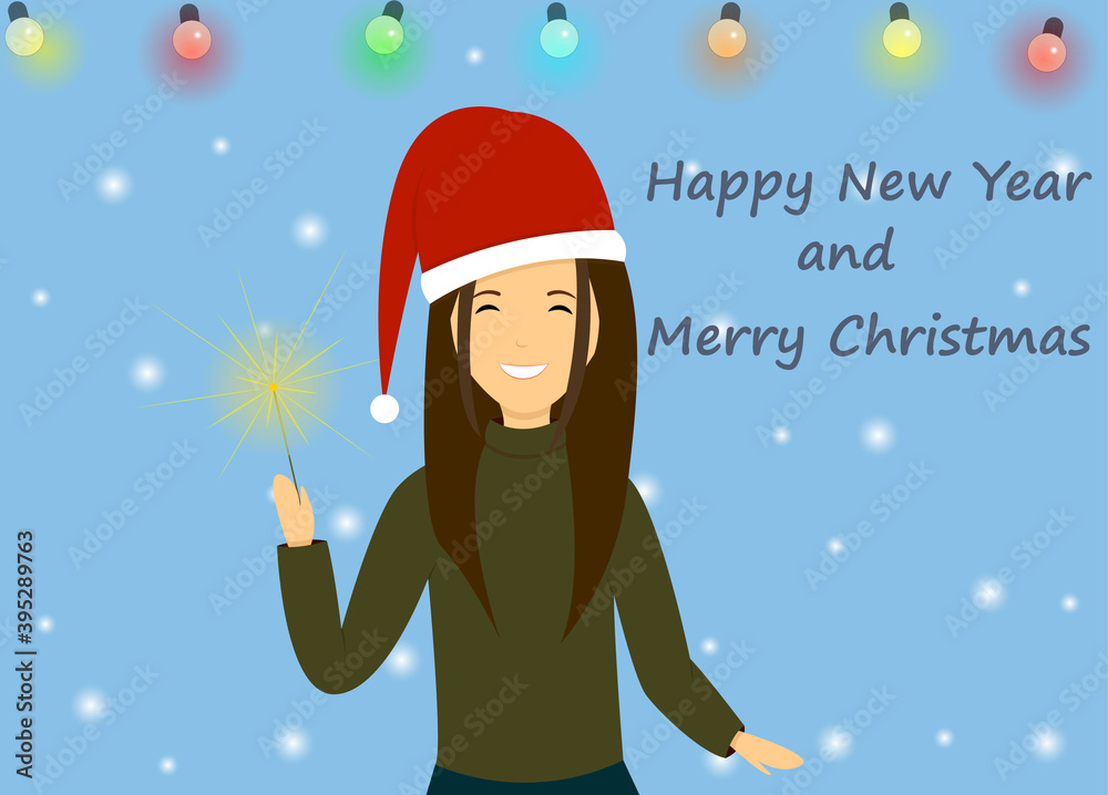 New Year card. Girl with sparklers smiles. Snow, garlands. Vector illustration New Year card. Girl with sparklers smiles. Snow, garlands. Vector illustration