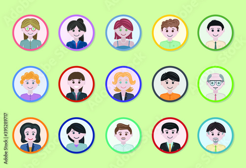 Set of employees in a badge circle shape, flat design, colored, smile and happy