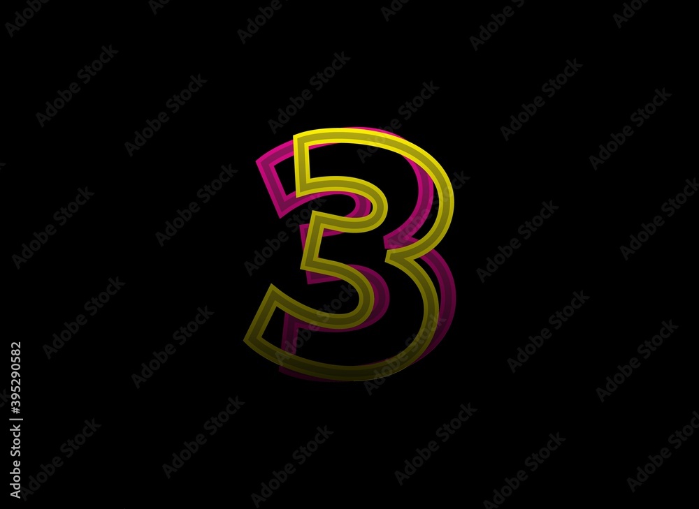 3 number vector desing, shadow font logo. Dynamic split pink, yellow color on black background. For social media,design elements, creative poster, web template