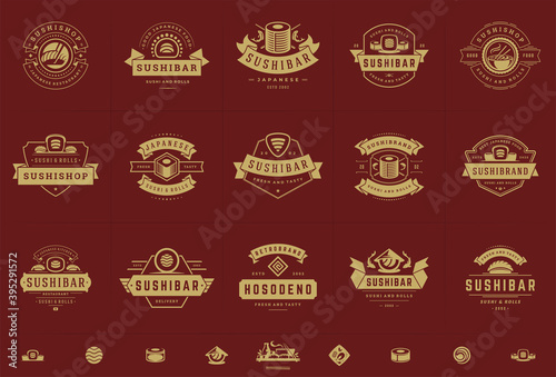 Sushi restaurant logos and badges set japanese food with sushi salmon rolls silhouettes vector illustration