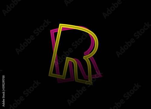 R letter vector desing, shadow font logo. Dynamic split pink, yellow color on black background. For social media,design elements, creative poster, web template
