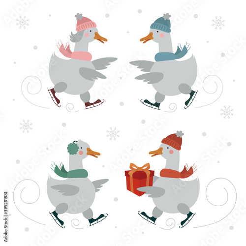 Christmas geese set. Kids illustration. Vector collection of winter geese in  scarves skating on the ice rink in the snowfall. Winter holiday celebration, gifts, ice rink. Baby animals.