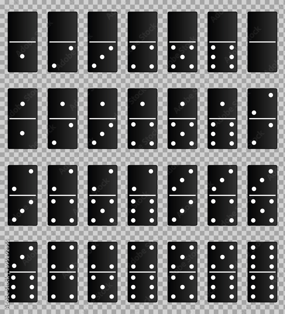 Realistic black domino full set isolated on transparent background. Dominoes bones art design. Vector illustration EPS10