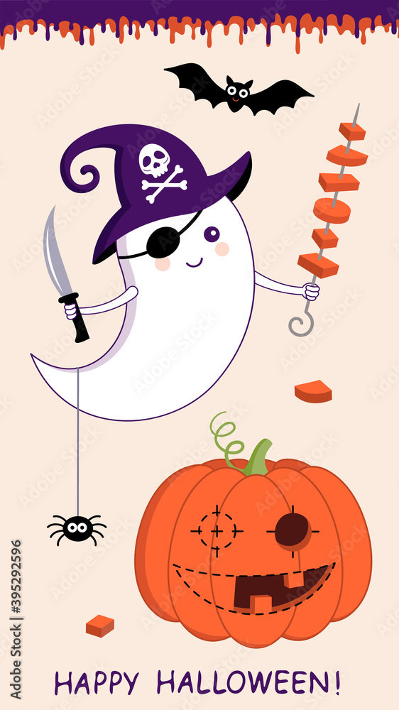 Halloween ghost, pumpkin, bat and spider, isolated and editable vector. Cute cartoon baby characters of Happy Halloween with a creative idea. Nice set for invitations, banners, greeting cards, menu