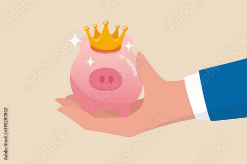 Best investment, winning pension fund or bargain stock picking with high return, safety deposit saving for retirement concept, businessman hand offer shinny pink piggy bank with golden king crown.