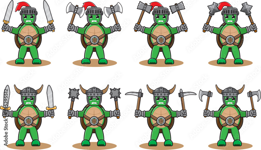 Fototapeta premium Illustration vector graphic cartoon character of Green turtle knight set. Dual weapon set and hand up pose.