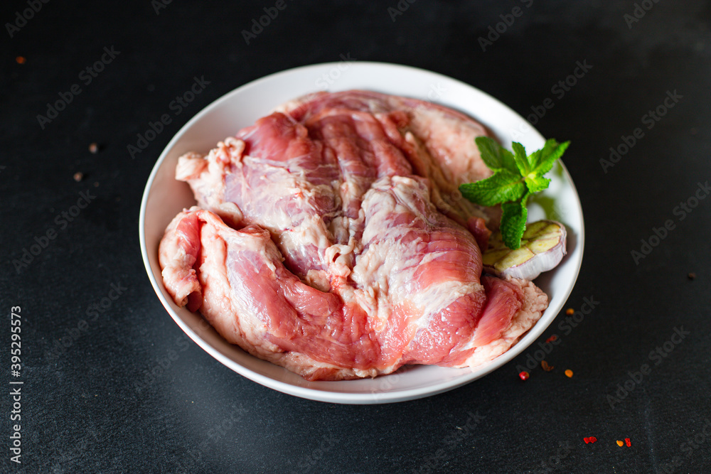 fresh raw meat pork or beef pulp cooking healthy tasty spicy meal snack ingredient top view copy space for text food background rustic 