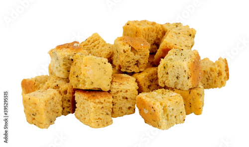 Tableau sur toile Group of baked crusty bread cube croutons isolated on a white background
