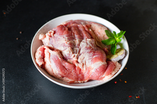 fresh raw meat pork or beef pulp cooking healthy tasty spicy meal snack ingredient top view copy space for text food background rustic 
