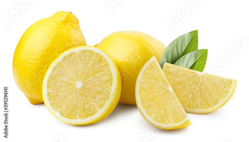 Group of delicious lemons with leaves, isolated on white background