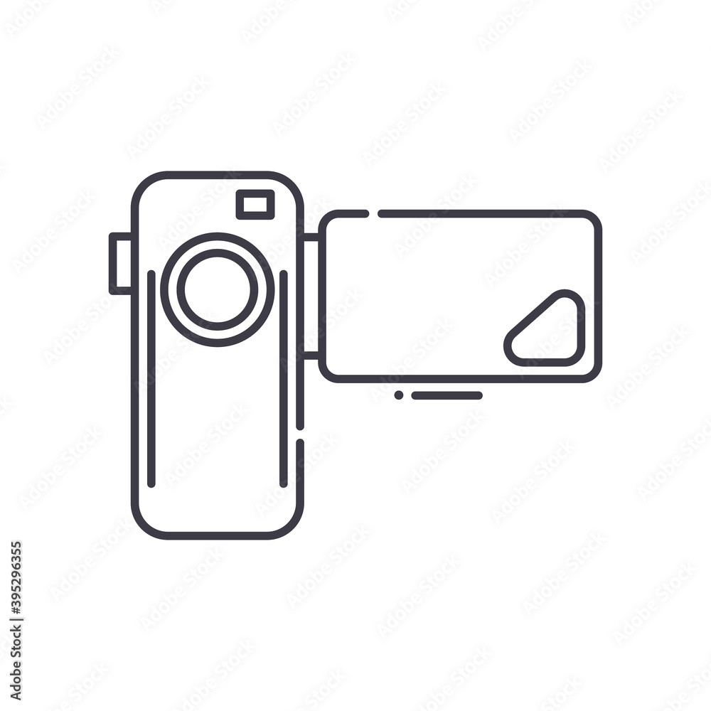 Film camera icon, linear isolated illustration, thin line vector, web design sign, outline concept symbol with editable stroke on white background. Film camera icon, linear isolated illustration, thin line vector, web design sign, outline concept symbol with editable stroke on white background.