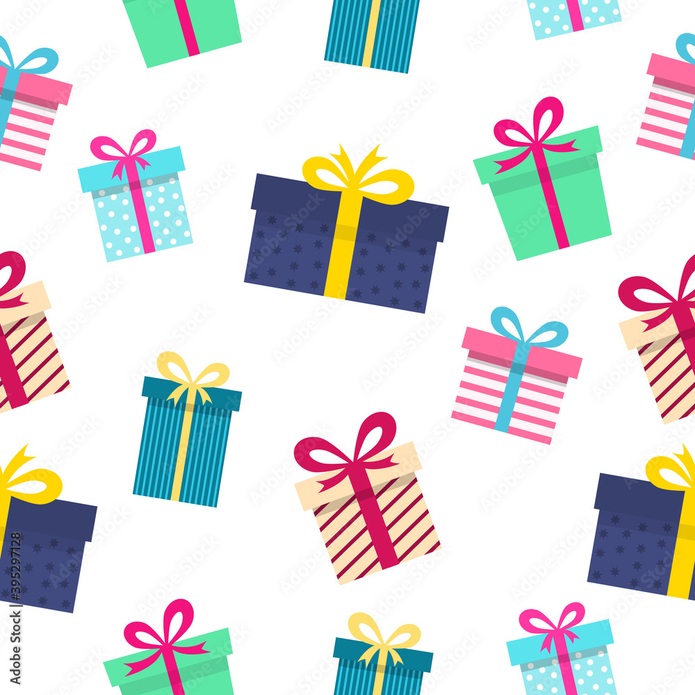 Gift seamless pattern white background. Present boxes icon set. Holiday vector illustration. Gift seamless pattern white background. Present boxes icon set. Holiday vector illustration.