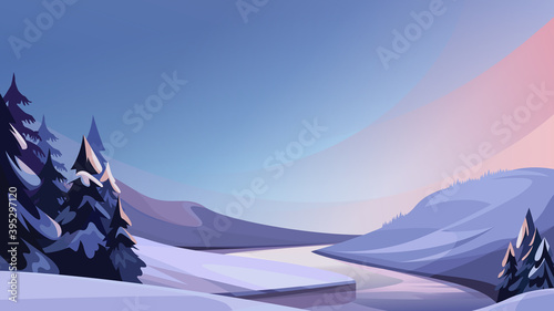 Frozen river in evening. Beautiful winter scenery.