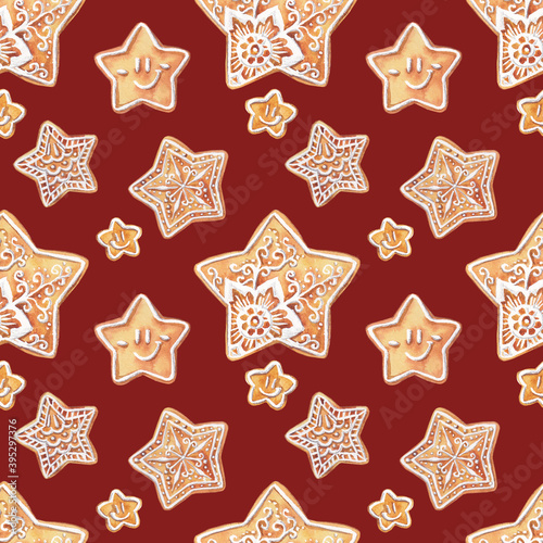 Seamless pattern with gingerbread stars on red background. Christmas watercolor design for wrapping paper, prints and kitchen decor.